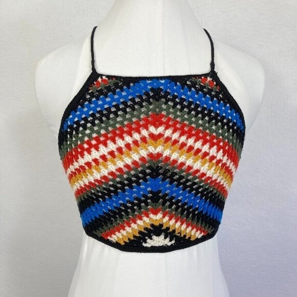🔥 3/$15 🔥 Cropped Crochet Chevron Halter Top Festival Beachy Boho S - Picture 1 of 7